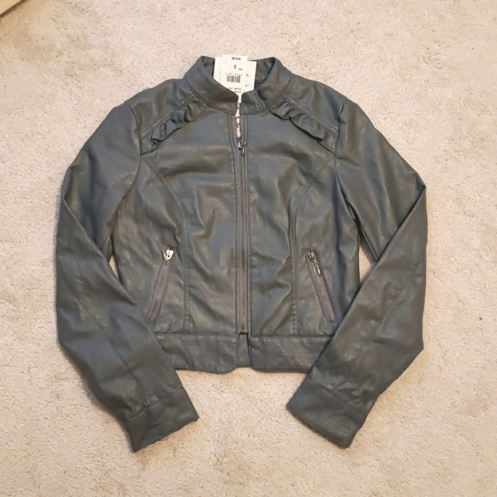 W/Tags Heart Soul Faux Leather Jacket Grey Size SM